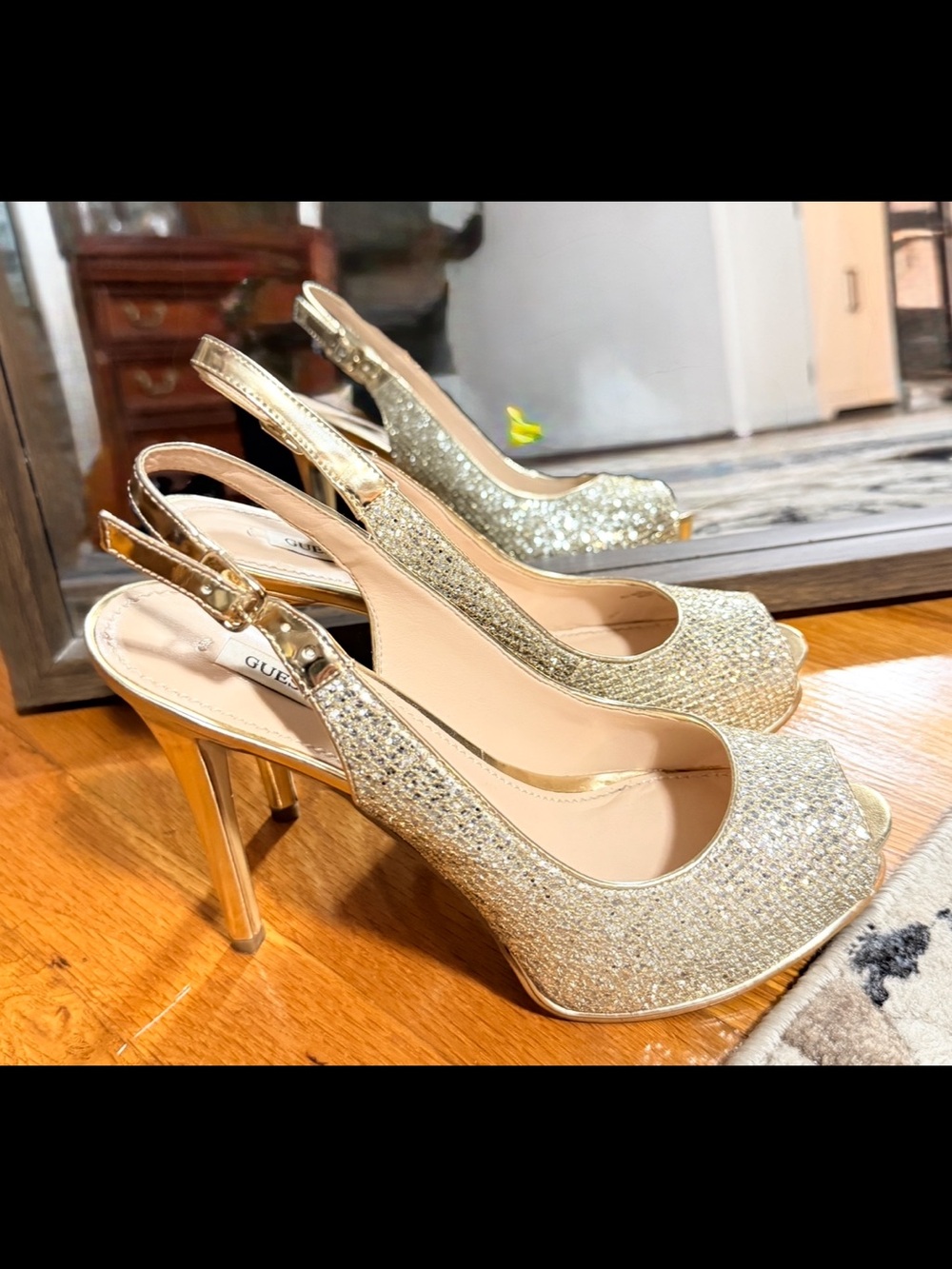 GUESS Gold Glitter Peep-Toe Slingback Heels with Metallic Heel